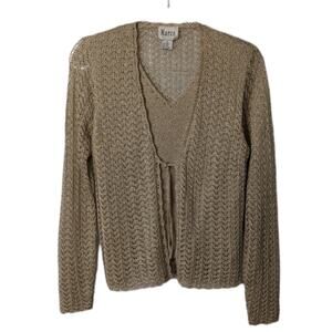 Vintage 80's Maren Gold Metallic Crochet V Neck Cardigan with Faux Two Piece